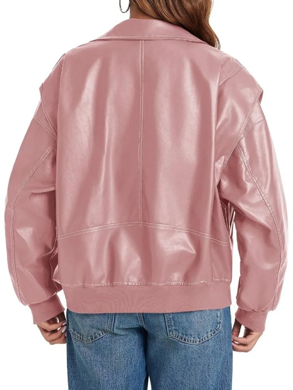 Women's Pink Oversized Faux Leather Bomber Jacket Motorcycle ZIP Up Coat